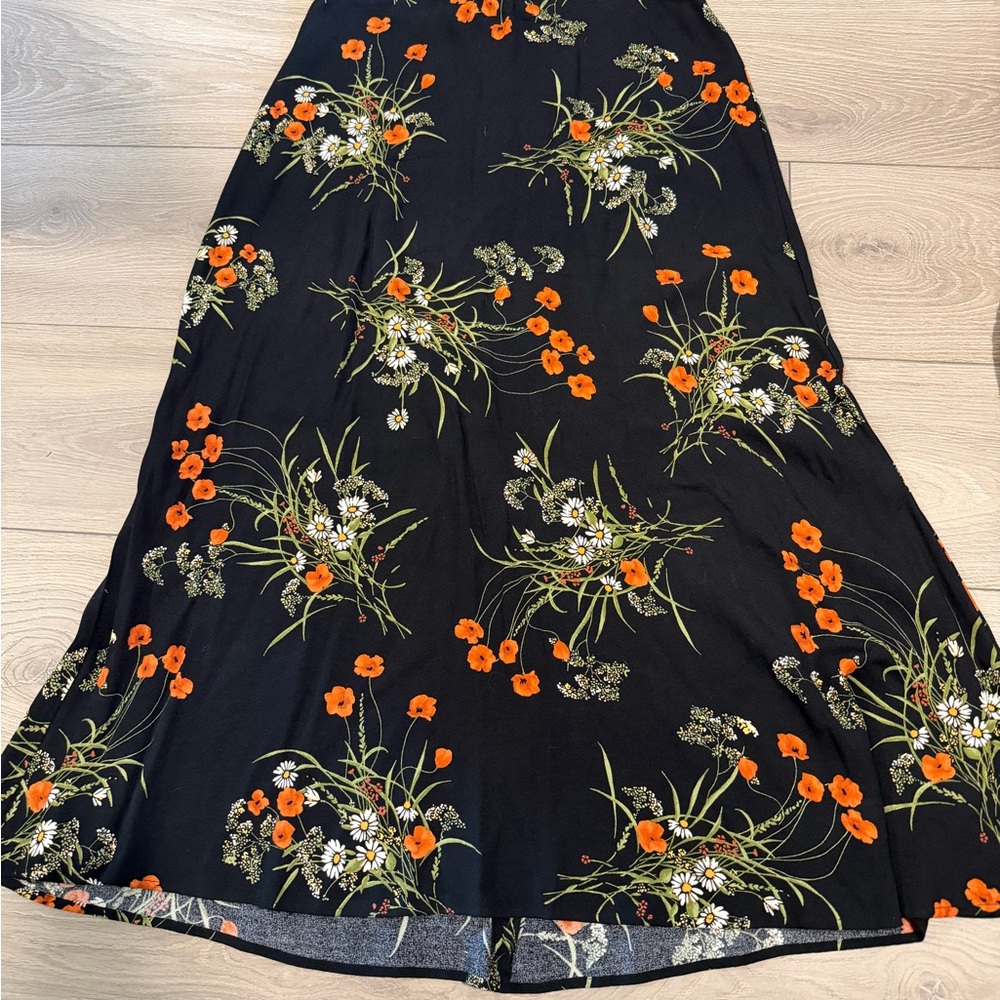 Reformation Black Maxi Skirt with Orange Floral Design